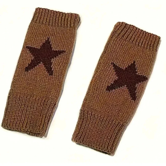 Women's Polyester Knit Fingerless Brown Gloves with Star pattern New - Picture 3 of 5